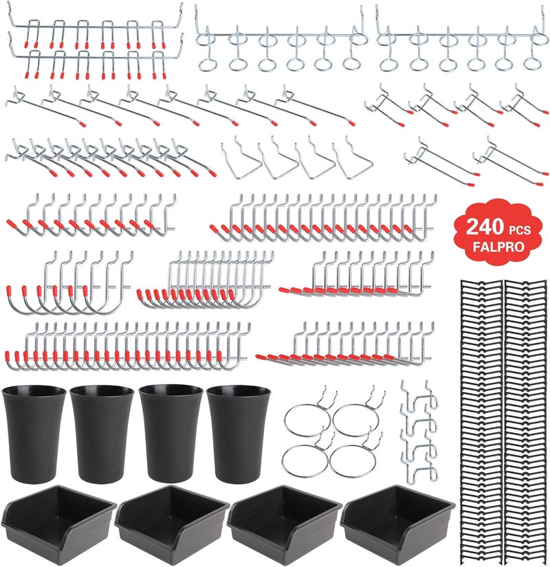 Falpro 240PCS Pegboard Hooks Assortment, Pegboard Organizer Kit with Bins, Cups, 1/8 and 1/4 inch Hooks for Hanging Tools, Garage Wall Organization - Image 1
